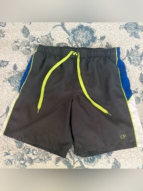 Men’s Op swim trunks. Grey with blue/white/neon accents. Used men’s L (36-38) n2